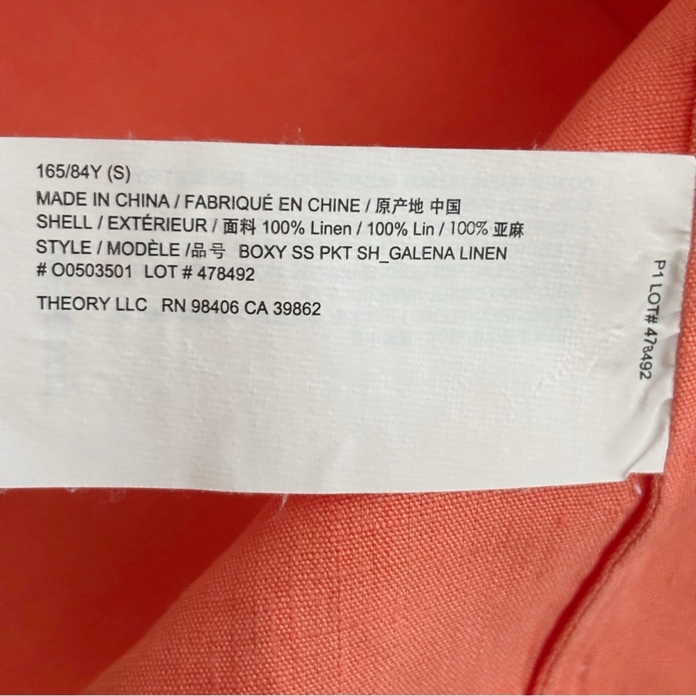 Theory Bright Coral Boxy Linen Button Down Short Sleeve Shirt Small - Picture 6 of 8